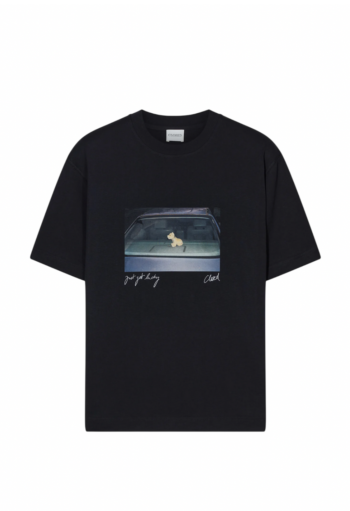 T-shirt uomo Closed con stampa fotografica e scritta Just got lucky, cotone biologico nero