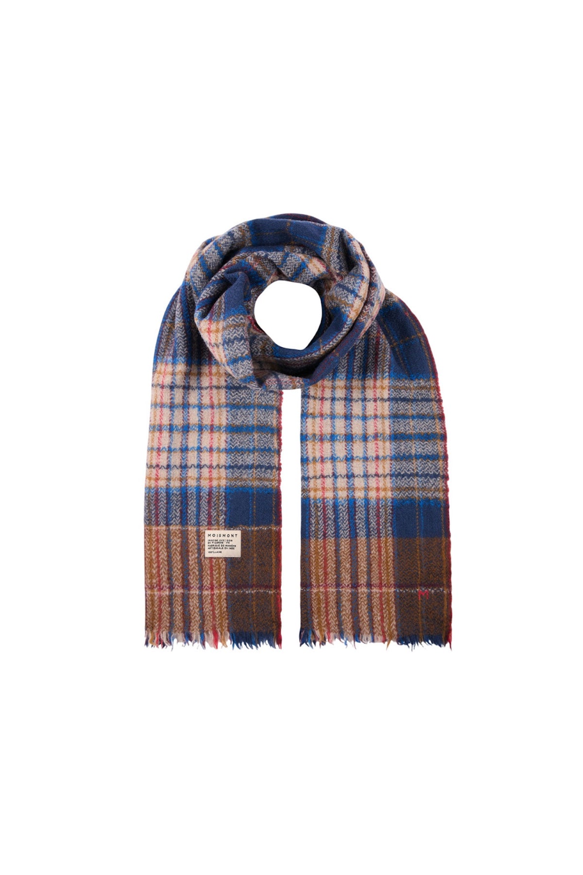 Sciarpa in lana Moismont Anderson N°803 azzurro, con motivo tartan multicolore e frange, avvolta ad anello».