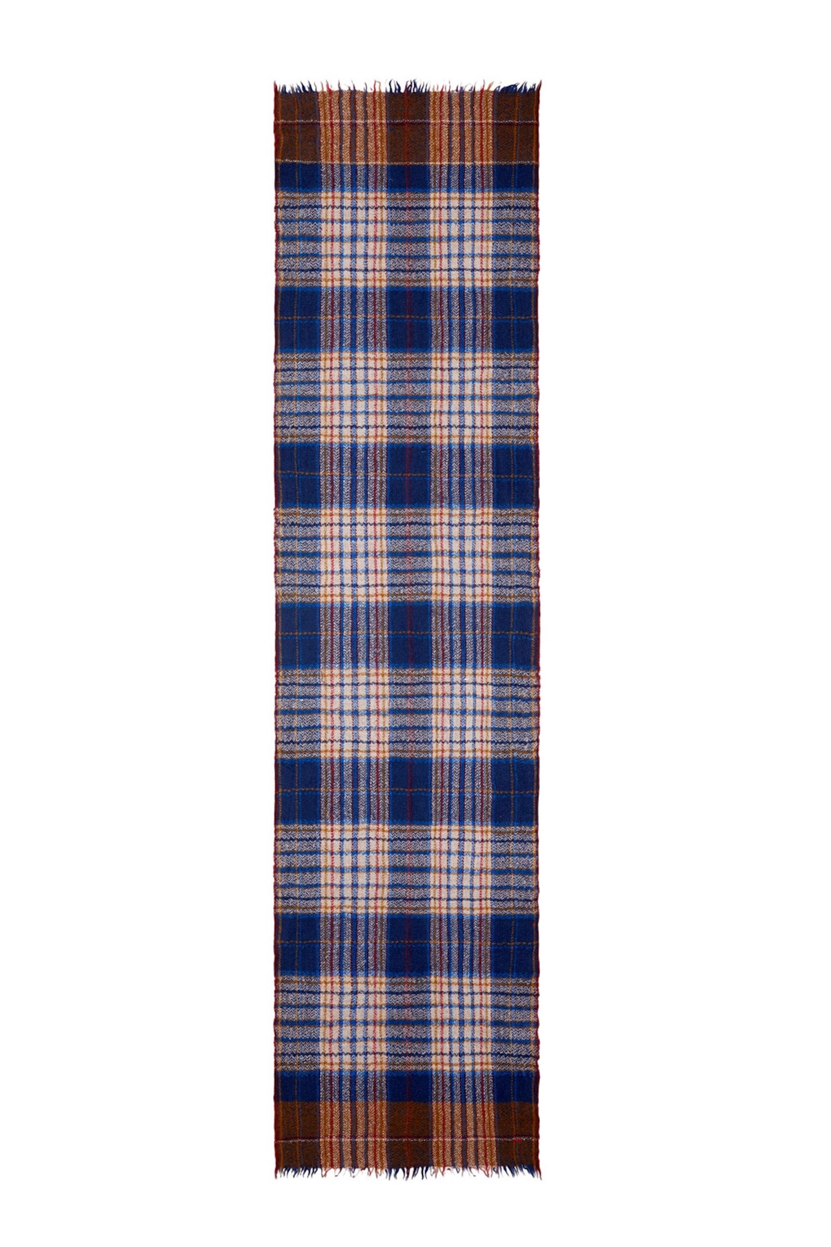 Sciarpa in lana Moismont Anderson N°803 nella variante azzurro, stesa per intero con tartan blu, beige e marrone e frange.