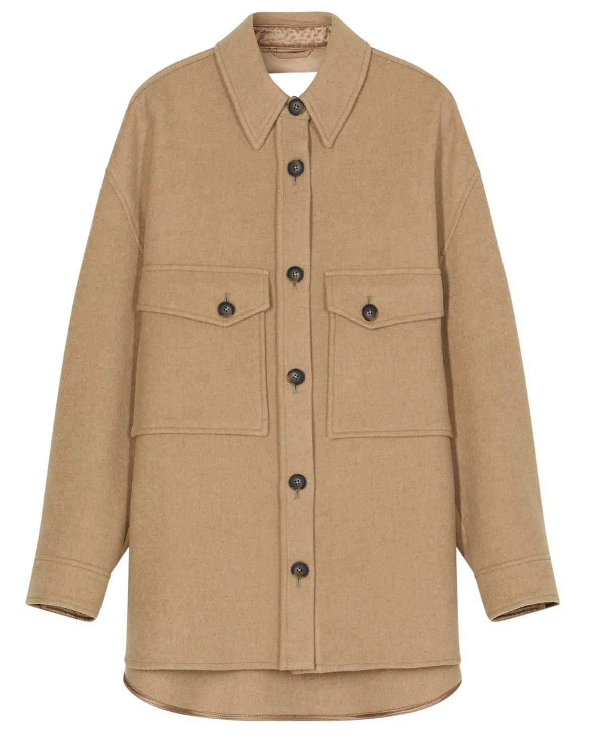 Camicia giacca Closed in misto lana beige, vista frontale con bottoni e due tasche sul petto