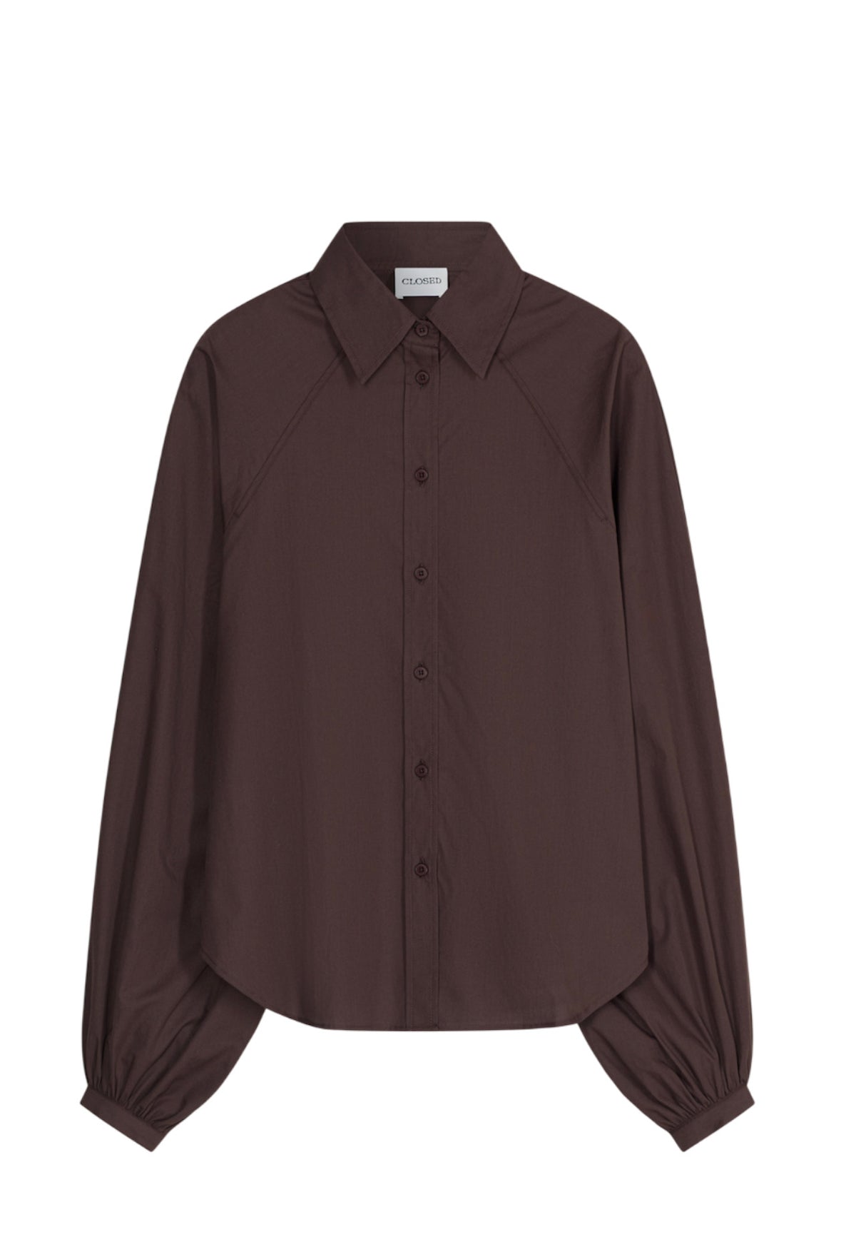 Camicia Closed marrone in cotone biologico, vista frontale indossata