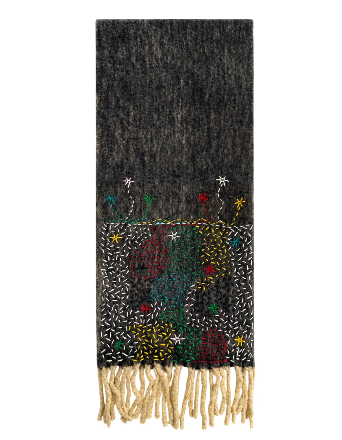 Sciarpa De siena grigio scuro con ricami multicolore e frange