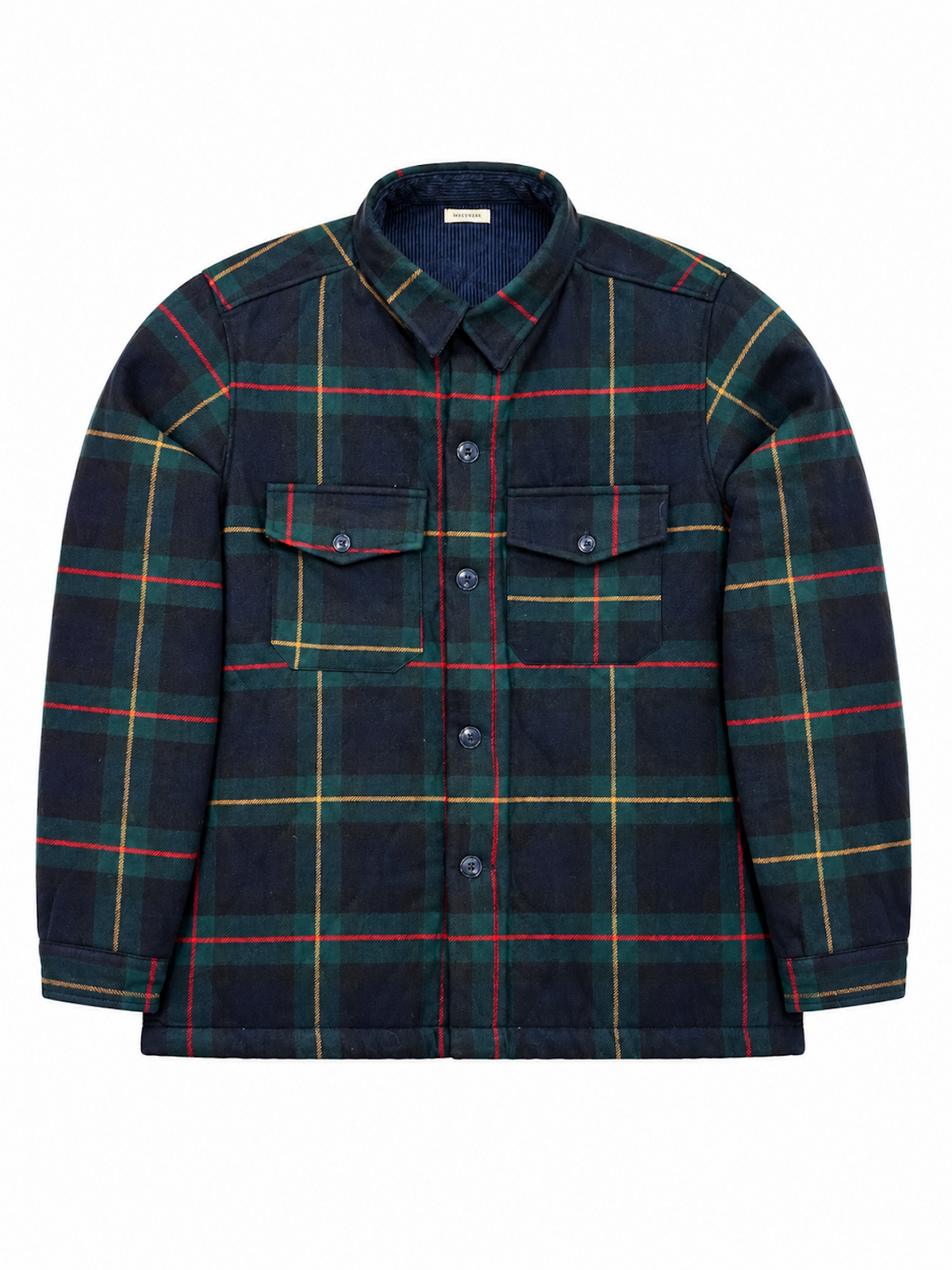 Giacca camicia In the box in tartan blu e verde con righe rosse e gialle, vista frontale con due tasche sul petto.
