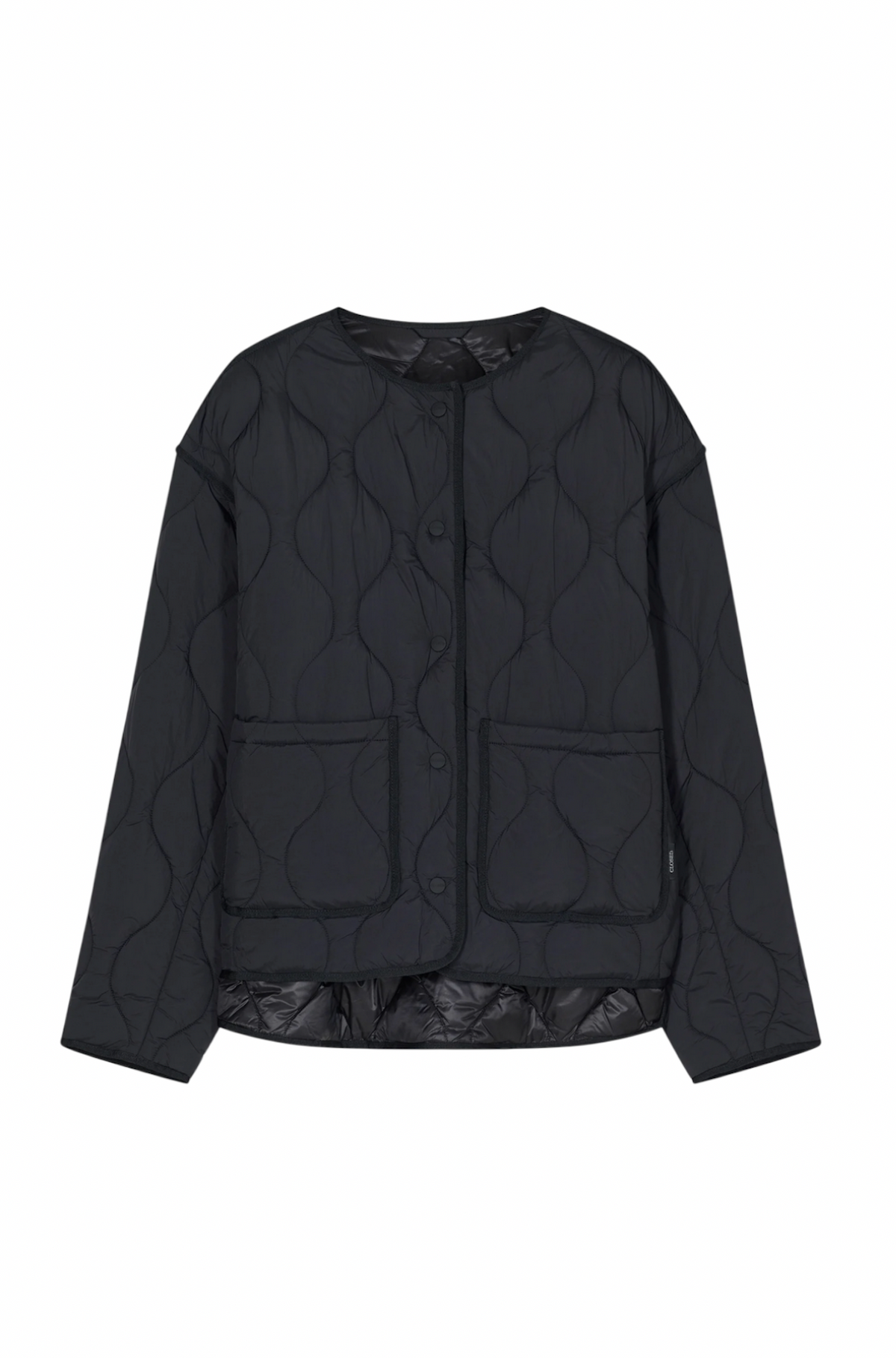Jacket trapuntata donna Closed in nylon nero, senza colletto, con tasche laterali e bottoni a pressione gommati