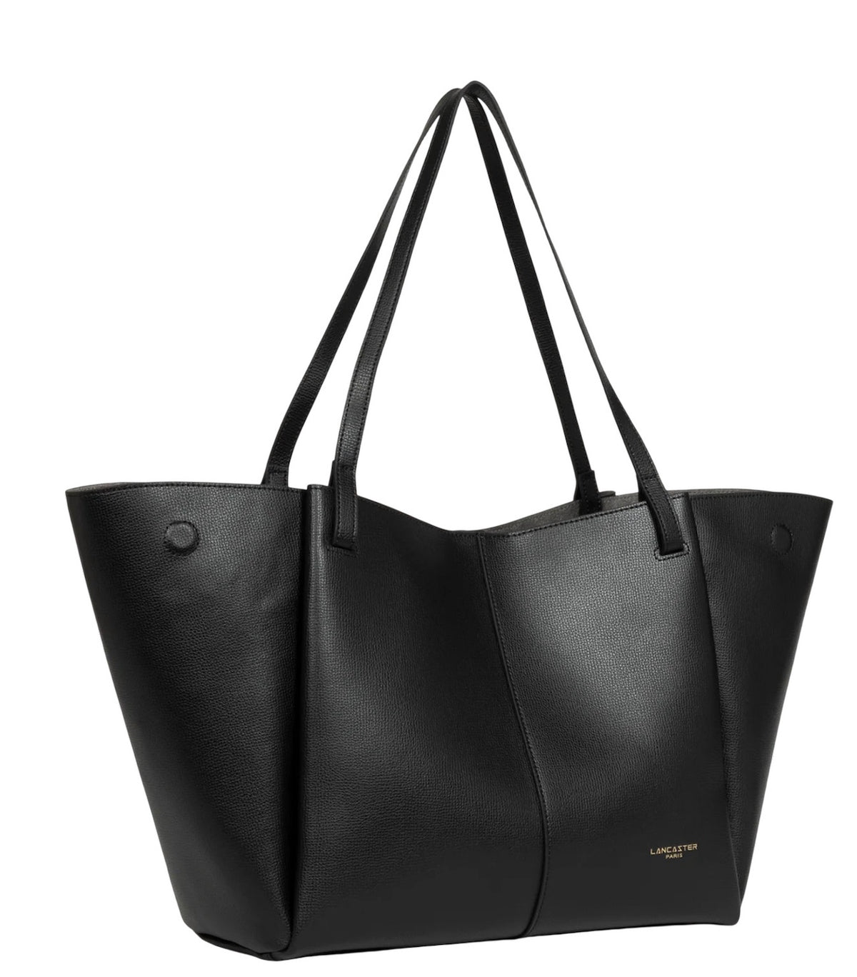 Borsa shopper Sierra Haus Lancaster nera, vista di tre quarti con lati aperti e doppi manici.