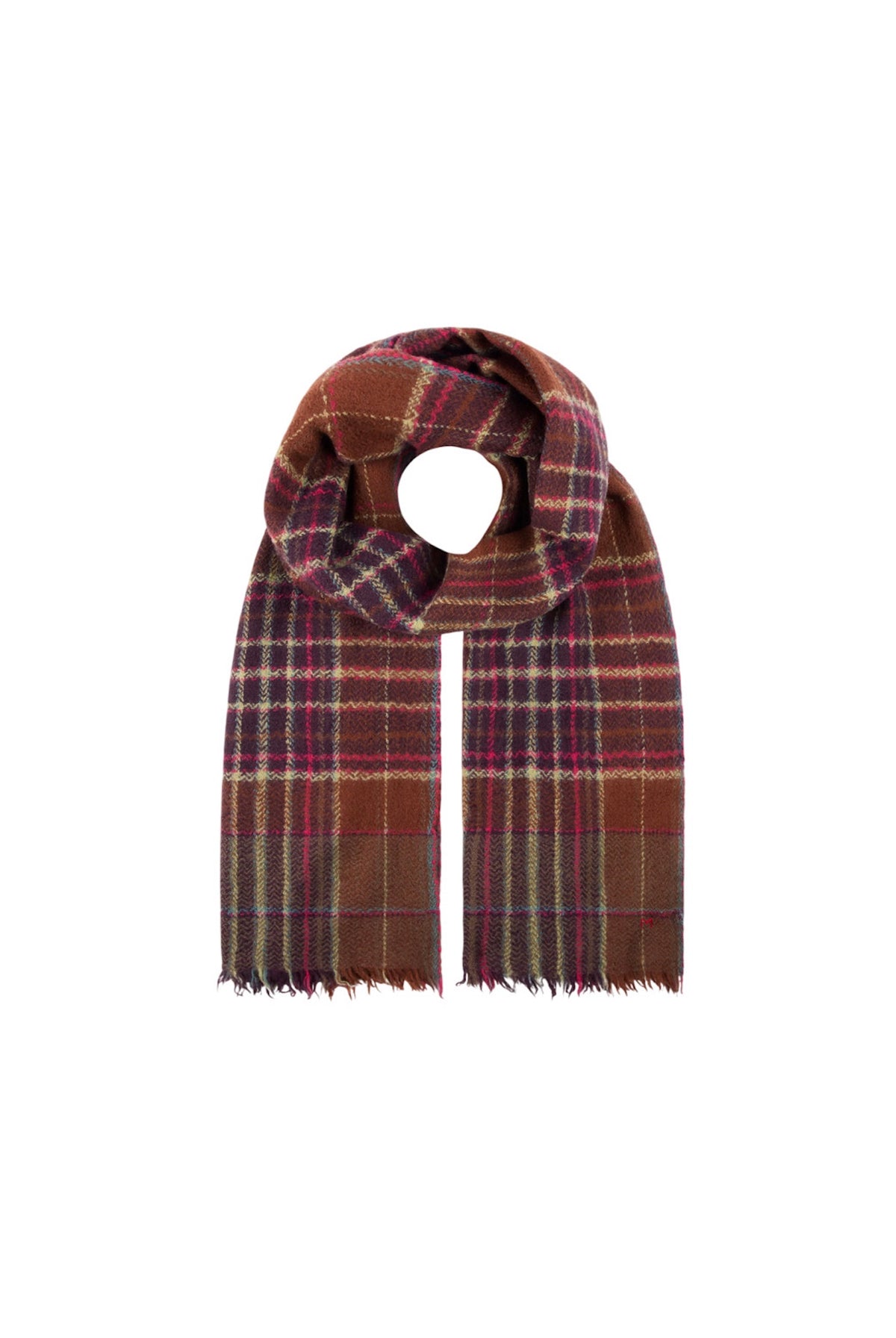 Sciarpa in lana Moismont Anderson N°803 marrone, con motivo tartan multicolore e frange, avvolta ad anello».
