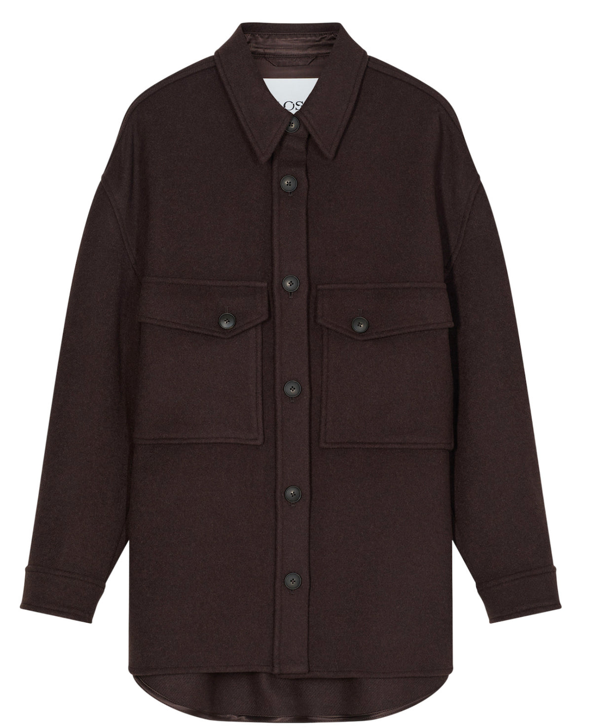 Camicia giacca Closed in misto lana marrone, vista frontale con bottoni e due tasche sul petto