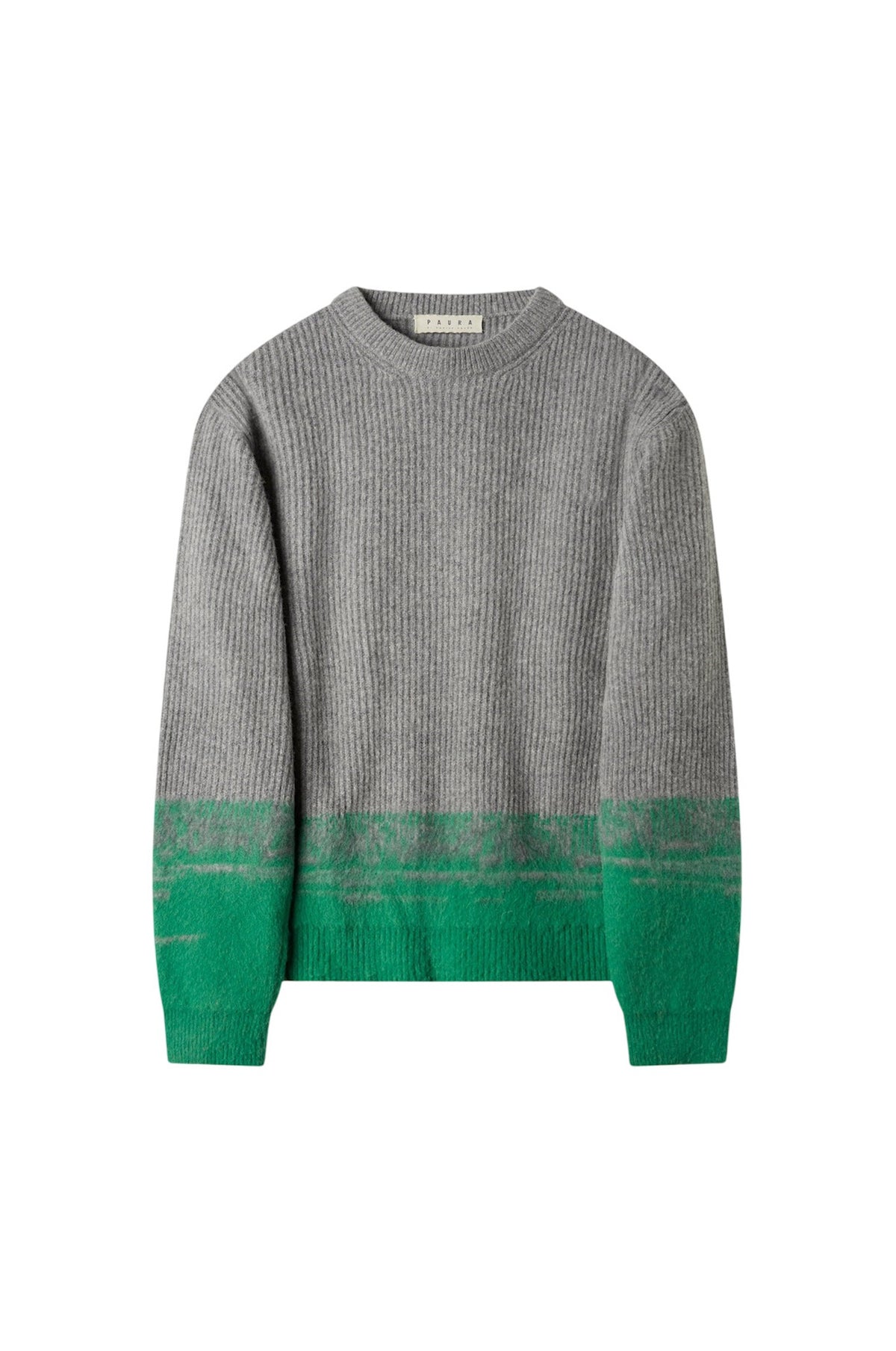 Maglione girocollo Danilo Paura grigio con sfumatura verde sul fondo e sulle maniche, vista frontale.