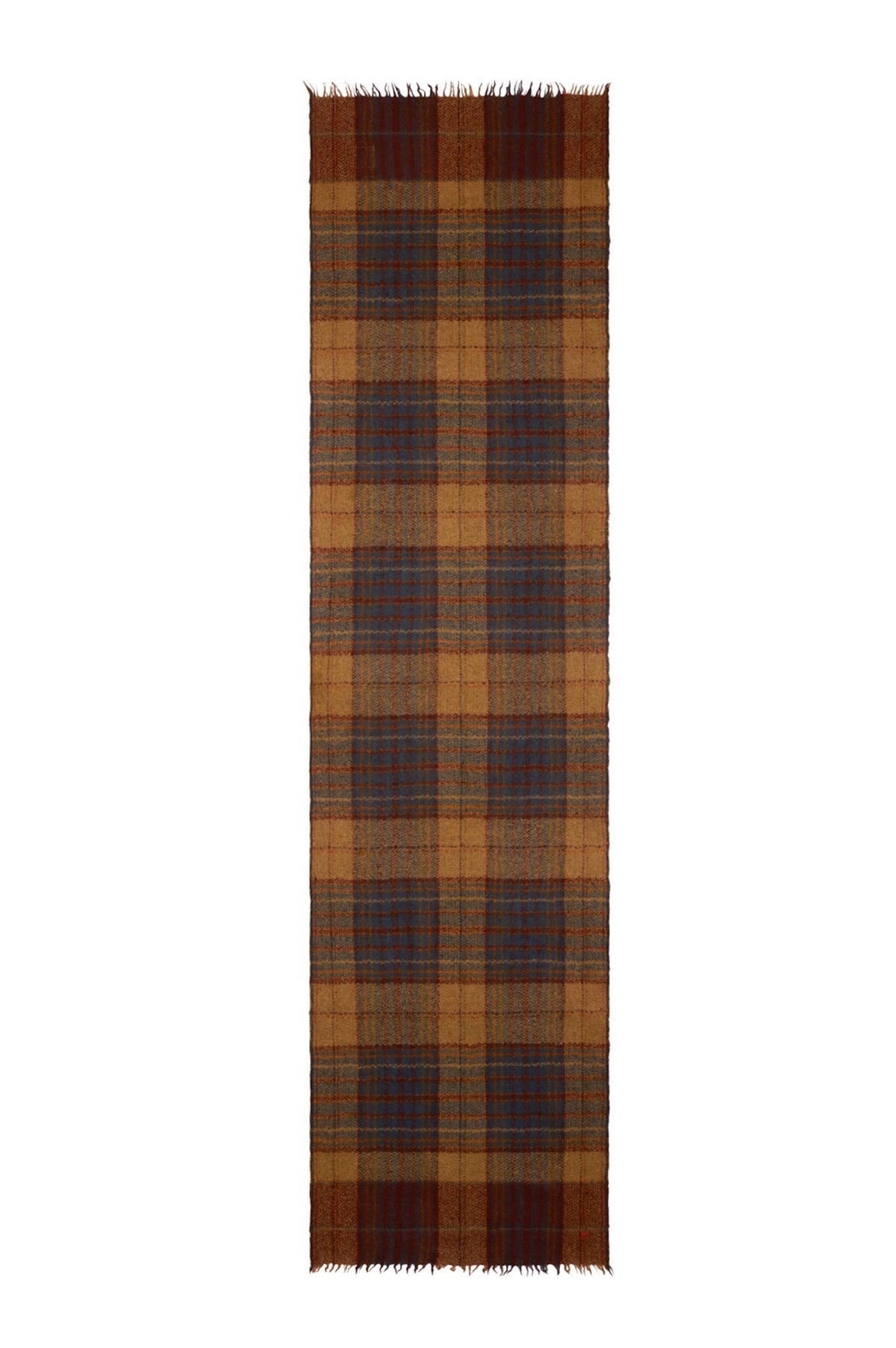 Sciarpa in lana Moismont Anderson N°803 senape, stesa per intero con motivo tartan multicolore e bordi sfrangiati.