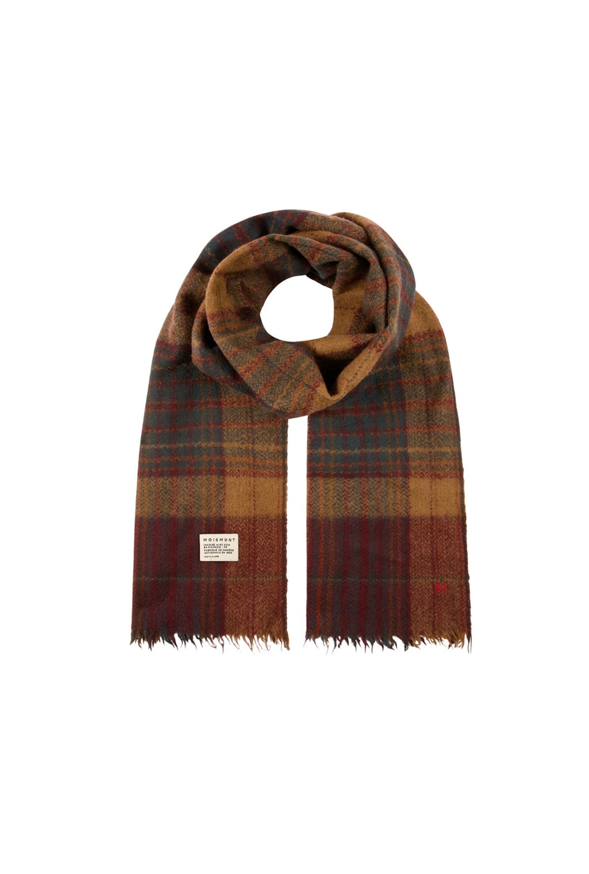 Sciarpa in lana Moismont Anderson N°803 senape, con motivo tartan multicolore e frange, avvolta ad anello