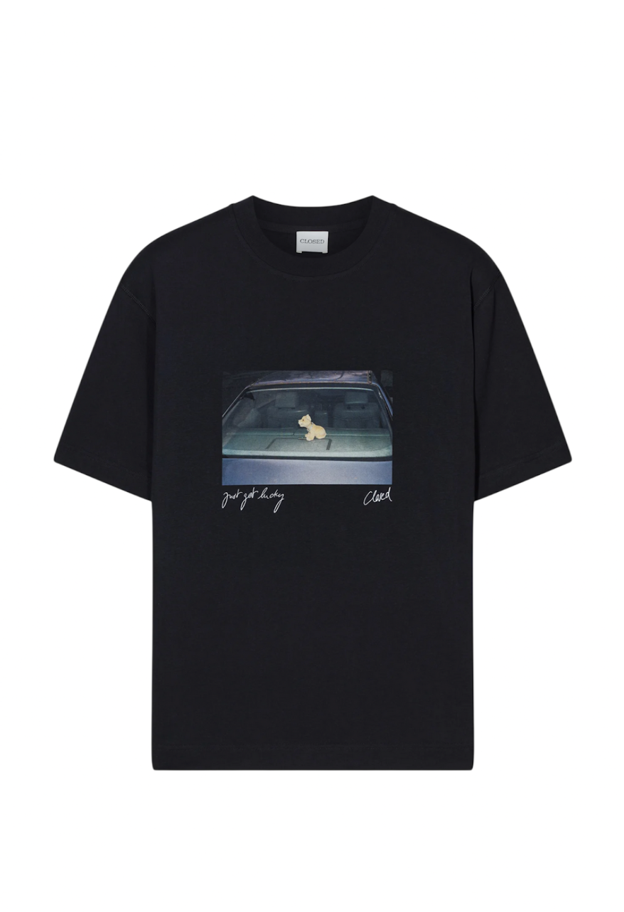 T-shirt uomo Closed con stampa fotografica e scritta Just got lucky, cotone biologico nero